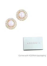 14k Gold Plated Freshwater Pearl CZ Halo Stud Earrings