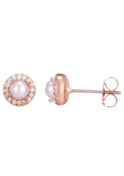 14k Rose Gold Plated Freshwater Pearl CZ Halo Stud Earrings