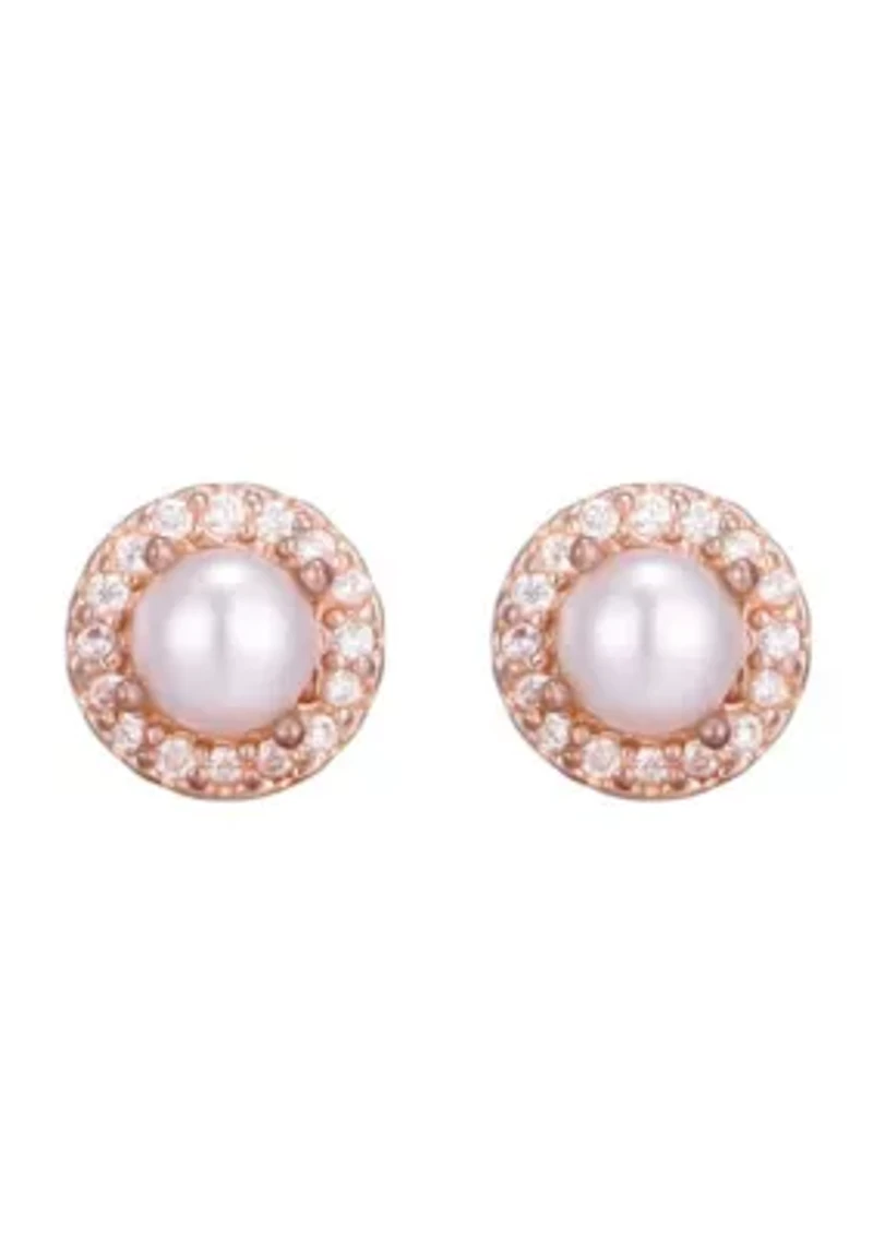 14k Rose Gold Plated Freshwater Pearl CZ Halo Stud Earrings