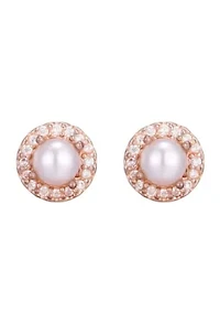 14k Rose Gold Plated Freshwater Pearl CZ Halo Stud Earrings
