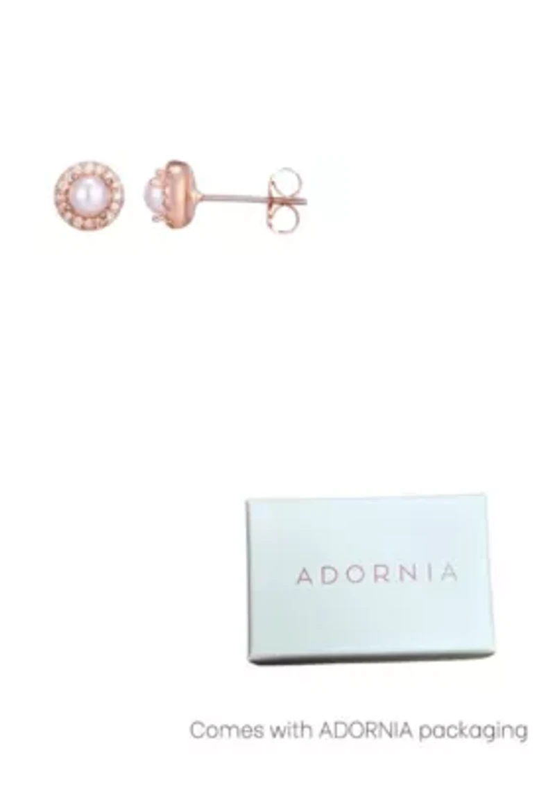 14k Rose Gold Plated Freshwater Pearl CZ Halo Stud Earrings