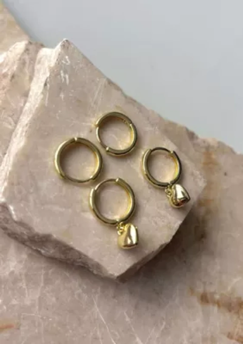 14k Gold Plated Heart Huggie Earring Set