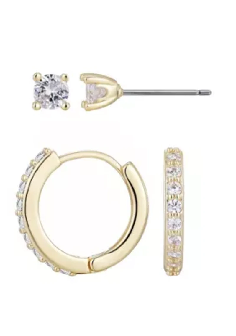 14k Gold Plated CZ Huggie and Solitaire Stud Set