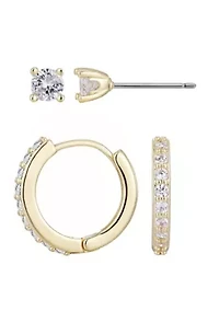 14k Gold Plated CZ Huggie and Solitaire Stud Set