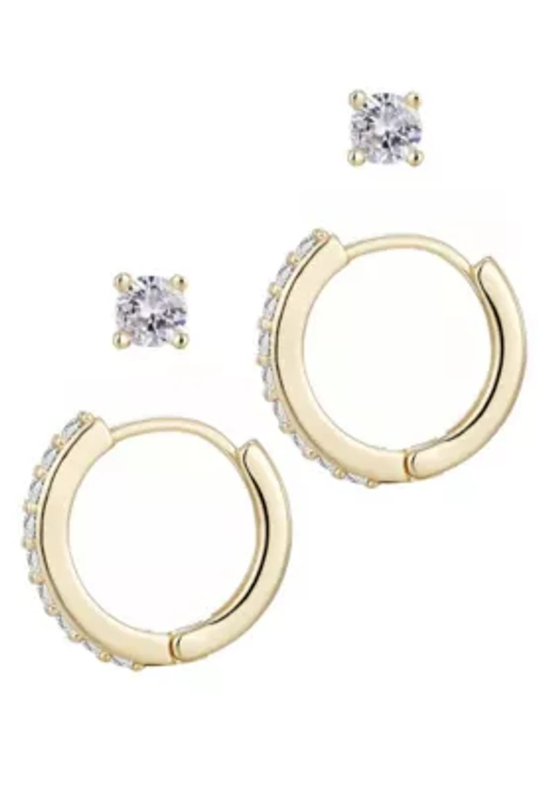 14k Gold Plated CZ Huggie and Solitaire Stud Set