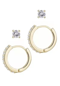 14k Gold Plated CZ Huggie and Solitaire Stud Set