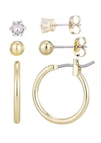 14k Gold Plated Hoop, Solitaire and Ball Stud Set