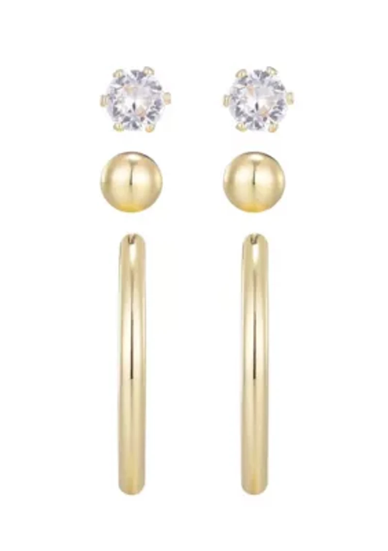 14k Gold Plated Hoop, Solitaire and Ball Stud Set