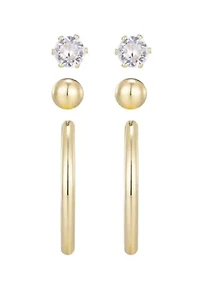 14k Gold Plated Hoop, Solitaire and Ball Stud Set