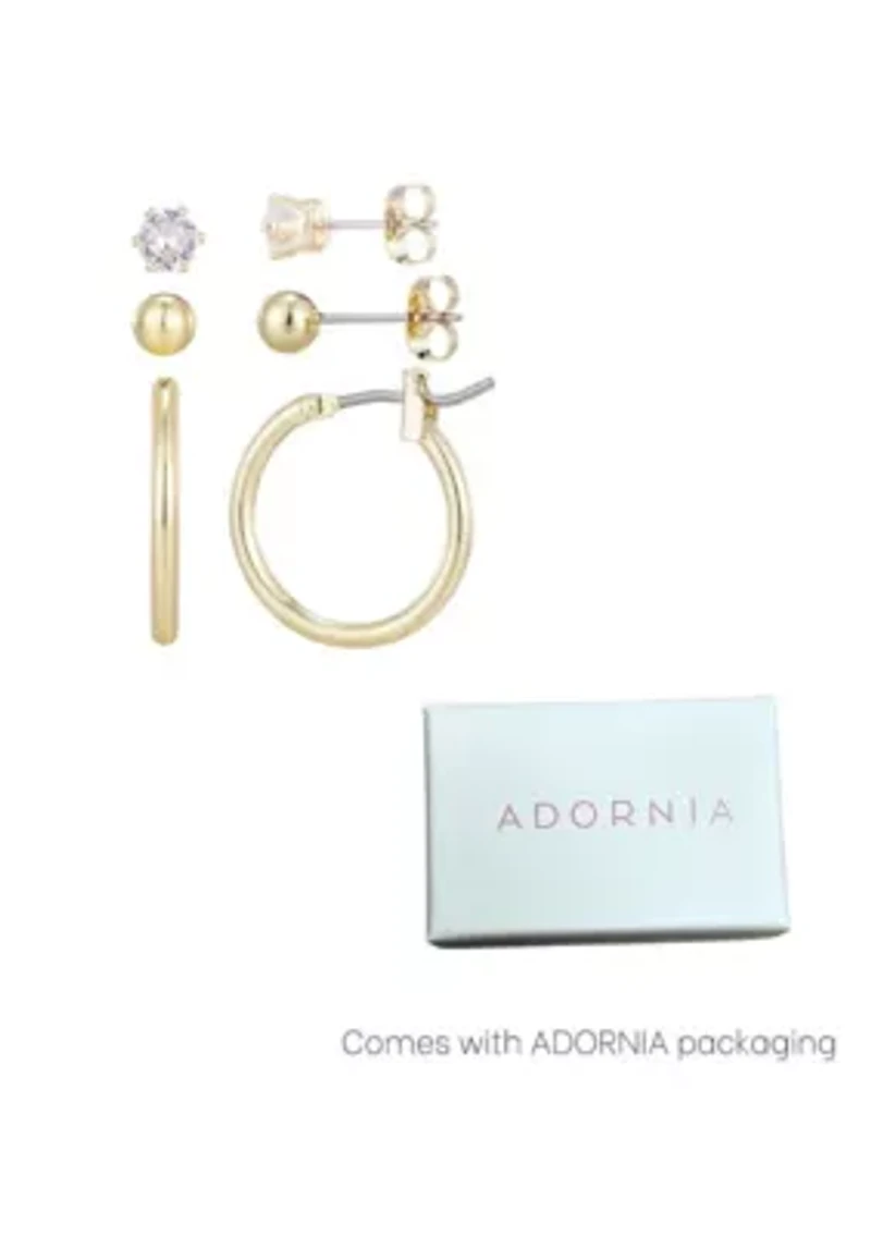 14k Gold Plated Hoop, Solitaire and Ball Stud Set