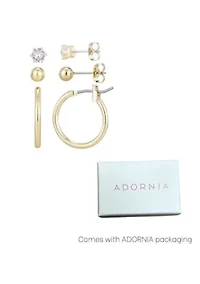 14k Gold Plated Hoop, Solitaire and Ball Stud Set