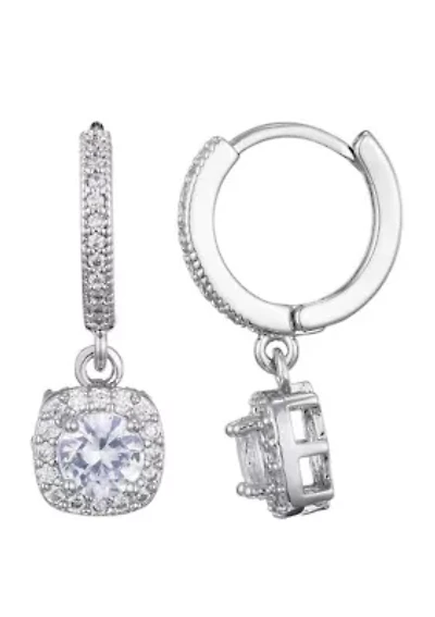 Silver Plated Cushion Halo CZ Huggie Earrings