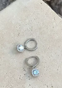 Silver Plated Cushion Halo CZ Huggie Earrings