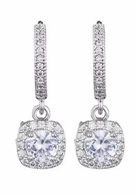 Silver Plated Cushion Halo CZ Huggie Earrings