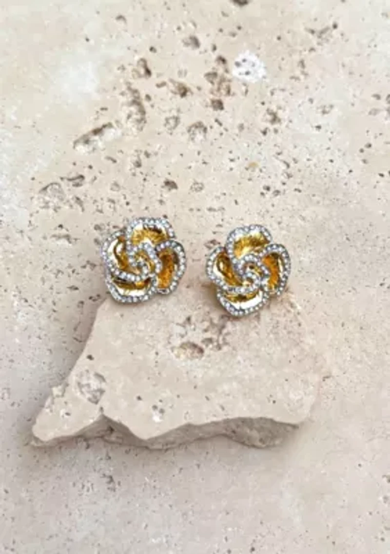 Gold Plated Crystal Encrusted Flower Stud Earrings