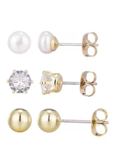14k Gold Plated Ball, Solitaire, and Freshwater Pearl Stud Earring Set
