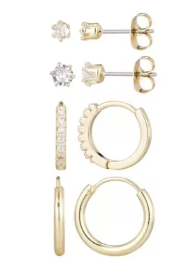 14k Gold Plated CZ Hoop and Solitaire Stud Set