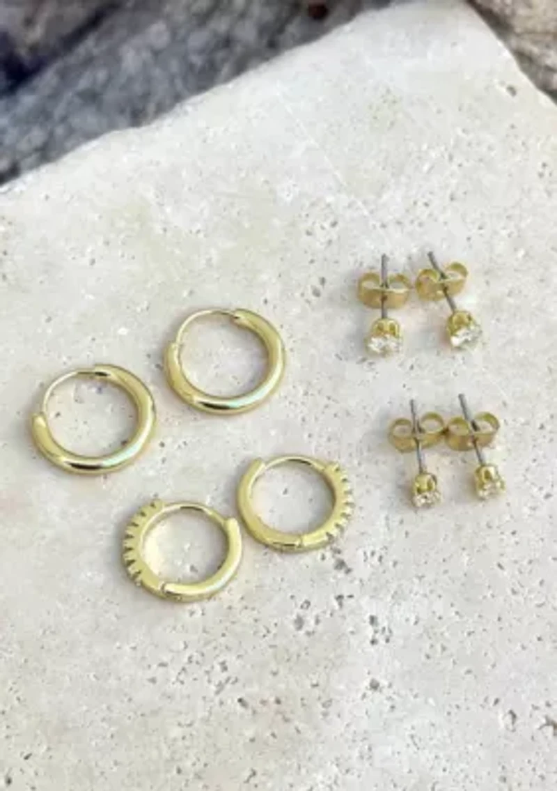 14k Gold Plated CZ Hoop and Solitaire Stud Set