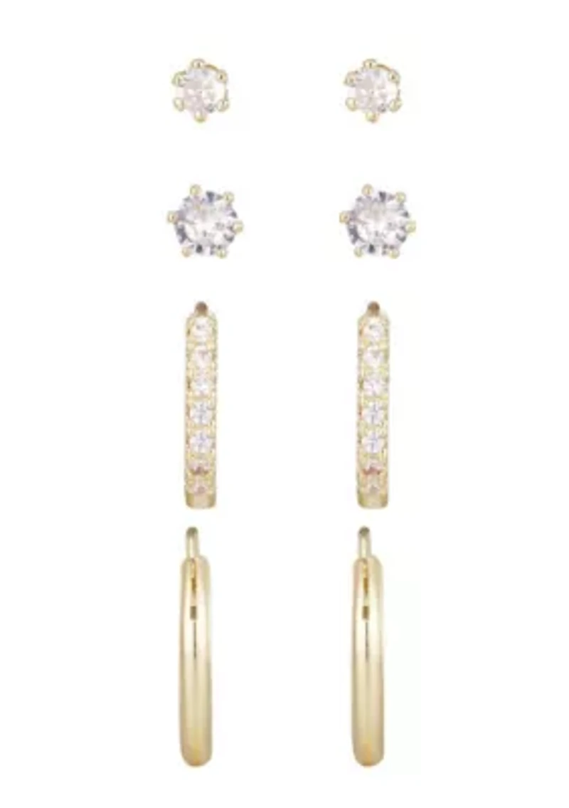 14k Gold Plated CZ Hoop and Solitaire Stud Set