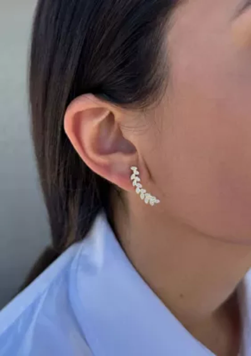 14k Gold Plated Curved CZ Leaf Drop Earrings