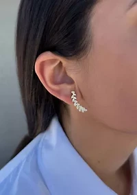 14k Gold Plated Curved CZ Leaf Drop Earrings