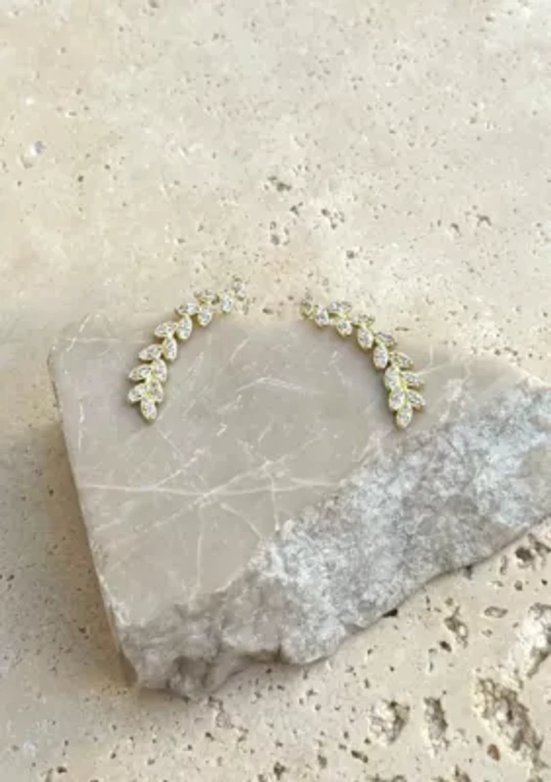 14k Gold Plated Curved CZ Leaf Drop Earrings