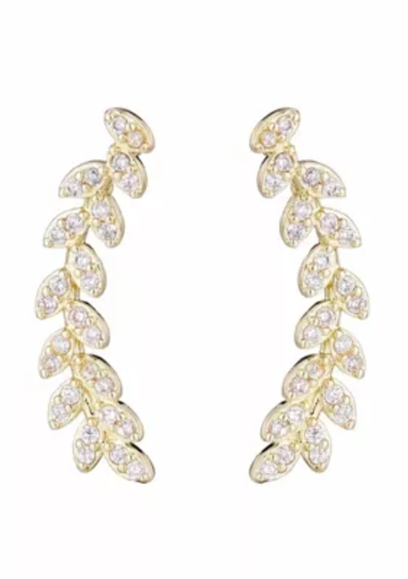 14k Gold Plated Curved CZ Leaf Drop Earrings
