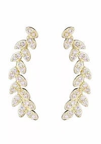 14k Gold Plated Curved CZ Leaf Drop Earrings