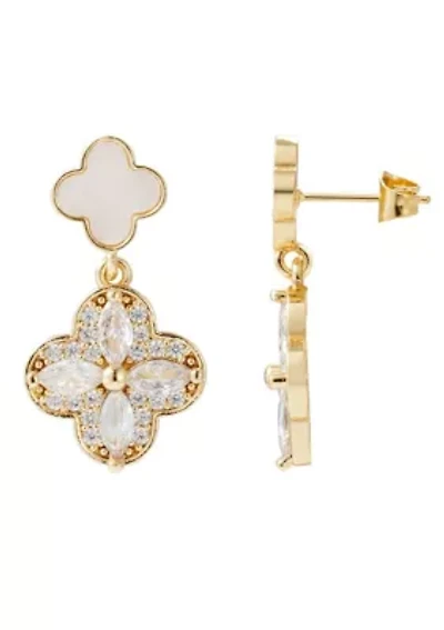 14k Gold Plated Mother of Pearl and CZ Clover Drop Earrings