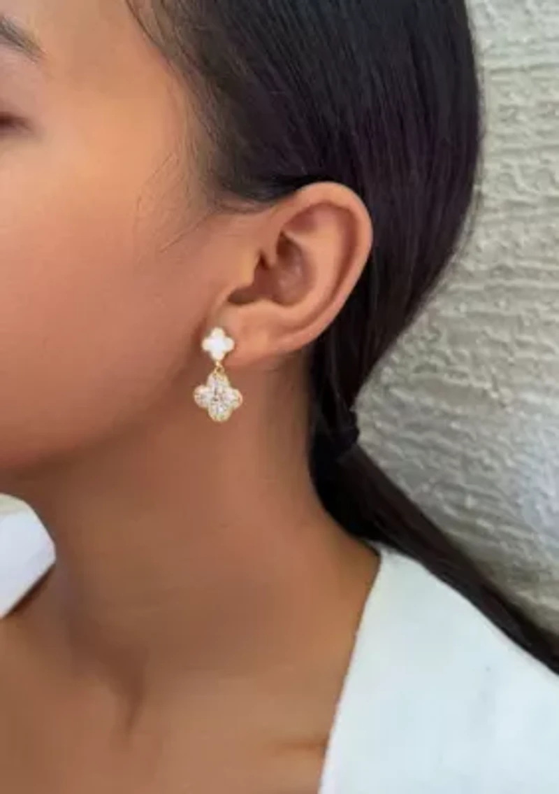 14k Gold Plated Mother of Pearl and CZ Clover Drop Earrings