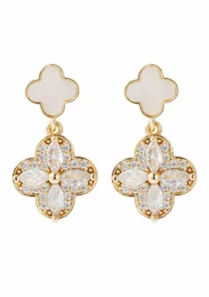 14k Gold Plated Mother of Pearl and CZ Clover Drop Earrings