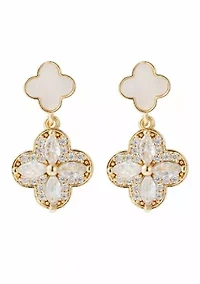 14k Gold Plated Mother of Pearl and CZ Clover Drop Earrings