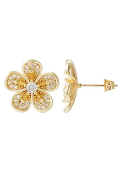 14k Gold Plated CZ Flower Stud Earrings