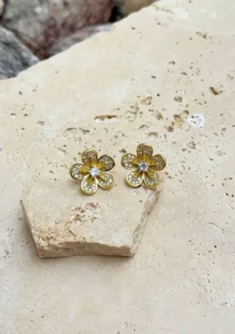 14k Gold Plated CZ Flower Stud Earrings