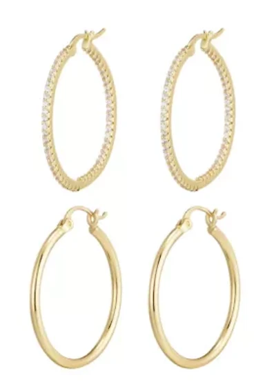 14k Gold Plated Infinity CZ and Plain Hoop Earring Set
