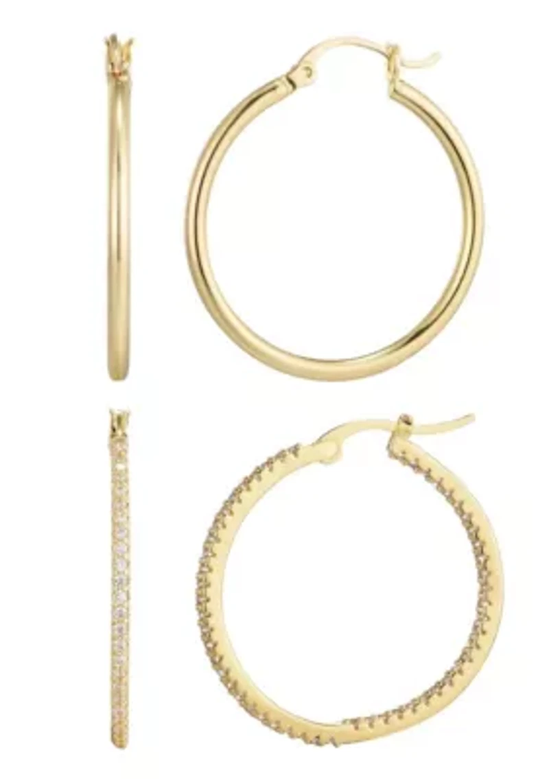14k Gold Plated Infinity CZ and Plain Hoop Earring Set