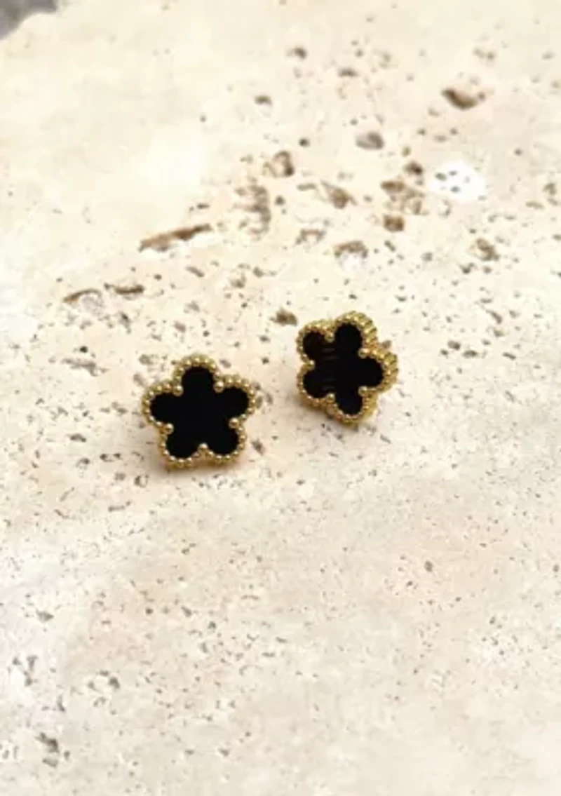 Tarnish Resistant 18k Gold Plated Black 5-Leaf Clover Stud Earrings