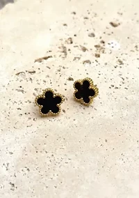 Tarnish Resistant 18k Gold Plated Black 5-Leaf Clover Stud Earrings