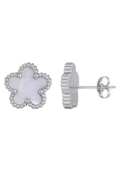 Tarnish Resistant Silver Plated Mother of Pearl 5-Leaf Clover Stud Earrings