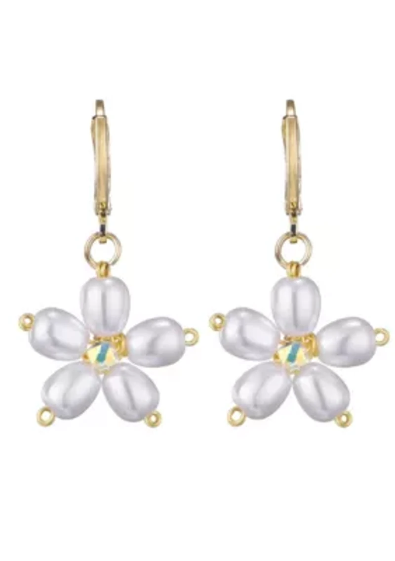 14k Gold Plated Pearl Flower Huggie Earrings