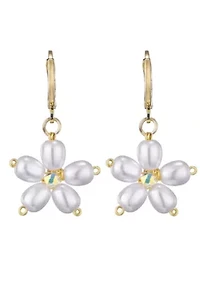 14k Gold Plated Pearl Flower Huggie Earrings