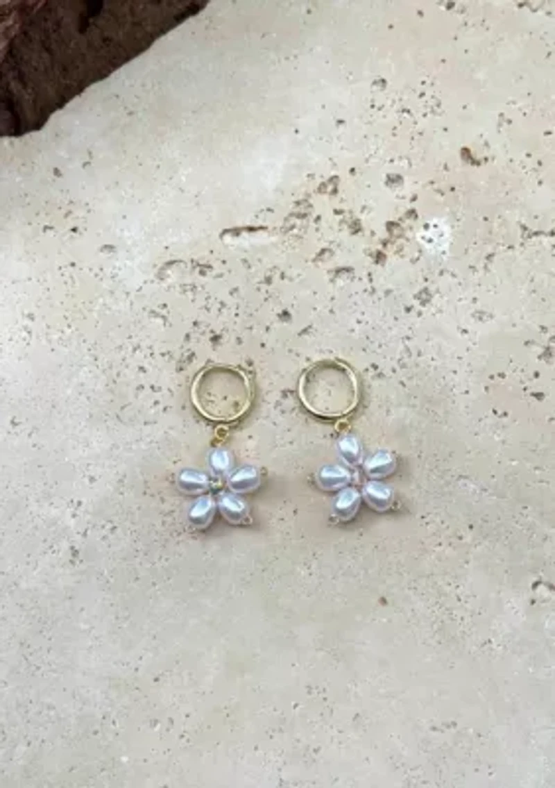 14k Gold Plated Pearl Flower Huggie Earrings
