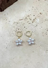 14k Gold Plated Pearl Flower Huggie Earrings