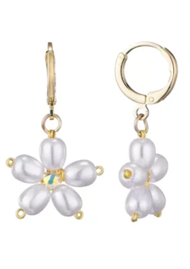 14k Gold Plated Pearl Flower Huggie Earrings