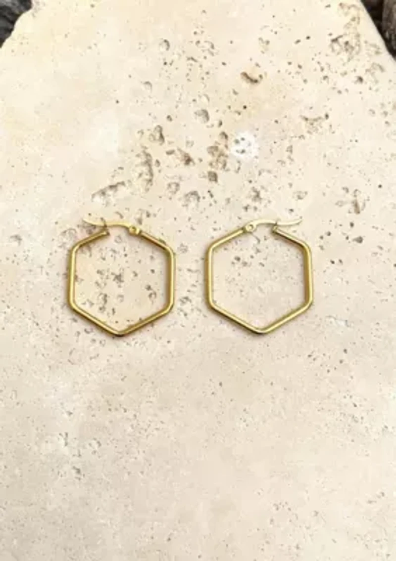 Tarnish Resistant 18k Gold Plated Hexagon Hoop Earrings