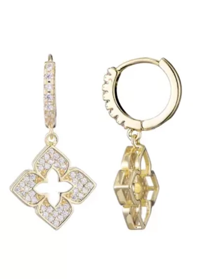 14k Gold Plated CZ Pointed Clover Drop Huggie Hoop Earrings