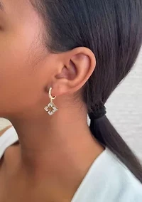 14k Gold Plated CZ Pointed Clover Drop Huggie Hoop Earrings