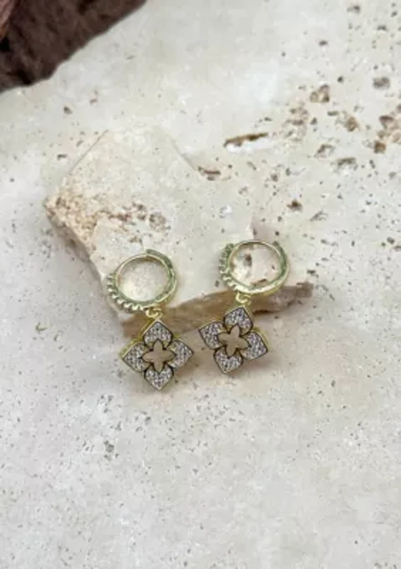 14k Gold Plated CZ Pointed Clover Drop Huggie Hoop Earrings