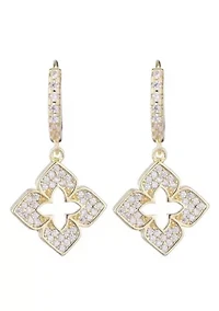 14k Gold Plated CZ Pointed Clover Drop Huggie Hoop Earrings