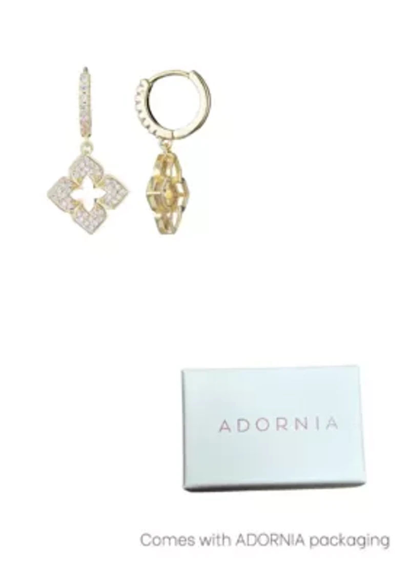 14k Gold Plated CZ Pointed Clover Drop Huggie Hoop Earrings